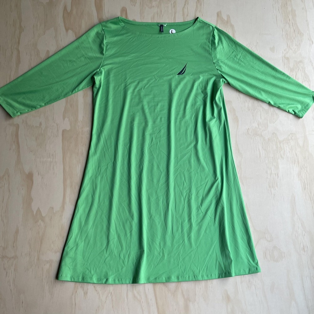 Nautica Dress‎ Womens Large Green 3/4 Sleeve T-Shirt Shift Nautical Logo Casual